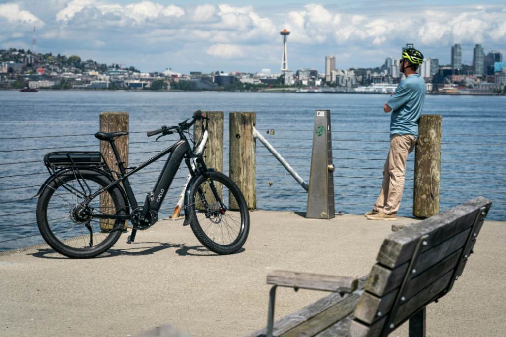 Black electric trekking bike with rear rack and mudguards with rider standing nearby looking at the lake view